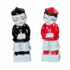 Vintage Japan Couple Oriental Red Black Figurines SEE PHOTOS FOR PAINT WEAR
